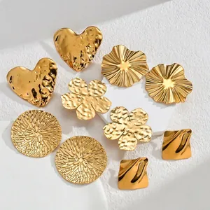 Hammered Texture Geometric Earrings And Rings Gold Plated Stainless Steel Heart Flower Round Irregular Statement Jewelry