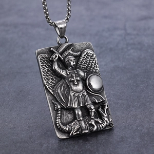 Vintage 316L Stainless Steel Saint Michael Archangel Angel Dragon Slayer Pendant Necklace Retro Nordic Myth Jewelry For Men