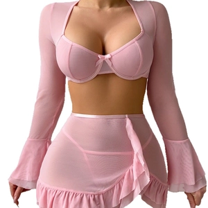 Pink sheer mesh lingerie set with long sleeve ruffle skirt and bow accent detail