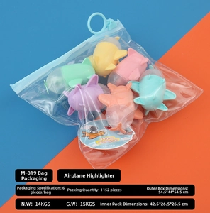 Detail of 6-color airplane-shaped highlighters in a transparent zip bag with blue ring
