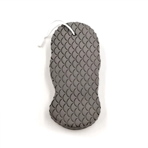 3D bath sponge with fish scale texture in dark grey, including a white cotton lanyard