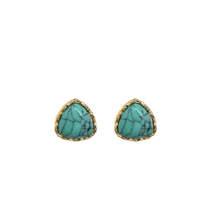 Vintage geometric triangle turquoise stud earrings with gold plating on white background
