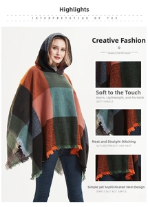 Detail of plaid hooded poncho with soft knit texture, colorful checkers, and fringe hem