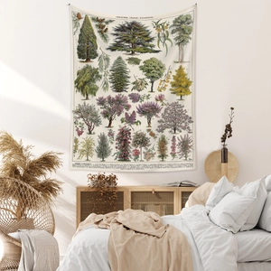 Bedroom wall featuring a vintage botanical gardens tapestry with French tree illustrations
