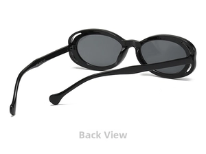 Rear view detail of black oval sunglasses showing hinge structure and temple specs
