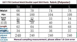 Detailed size chart for women's color-block shorts skirt in polyester fabric