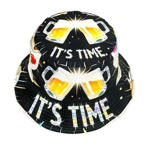 Fashionable black bucket hat featuring creative beer mugs and It's Time print for sun protection
