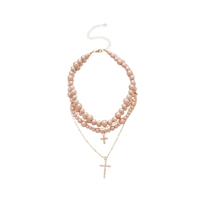 Three-layer champagne pearl necklace with double diamond cross pendants in gold finish