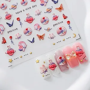 Autocollants Art Des Ongles 5D En Relief Rose Planète Lapin Étoiles Auto Adhésif Ultra Mince Stéréoscopique Manucure DIY