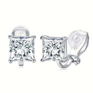 Detail of square-cut zircon ear clips with silver finish and soft comfort pads