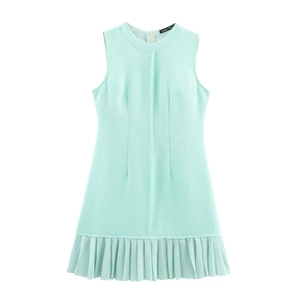 Women Sleeveless Mini Dress Tweed Textured Round Neck Slim Fit Pleated Hem Chiffon Patchwork Back Zipper Mint Green