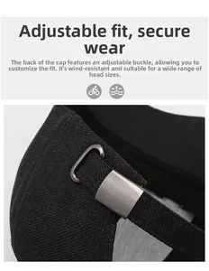 Detail of black cotton baseball cap with adjustable metal buckle for custom fit