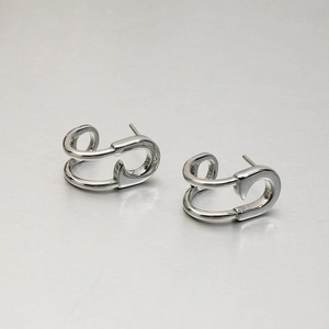 Polished silver stainless steel double-layered safety pin earrings for women
