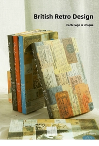 Vertical stack of A5 vintage journals with retro collage covers on beige fabric
