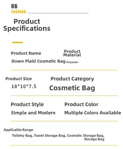 Detailed size and material chart for polyester quilted down makeup bag 18x10x7.5cm