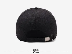 Rear view of warm wool baseball cap showing metal adjustment buckle and knit detail