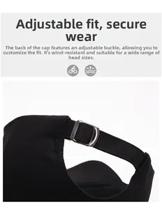 Detail view of cotton baseball cap showing adjustable dark grey metal buckle