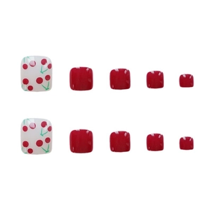 Red cherry pattern press-on toe nails with white and red glossy finish set