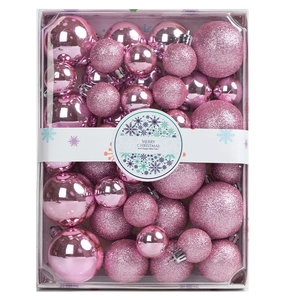 Pink Christmas ball ornament set with shiny and glitter finishes in a clear gift box