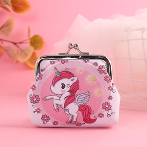 Close-up of pink unicorn coin purse with metal clasp and floral fabric patterns