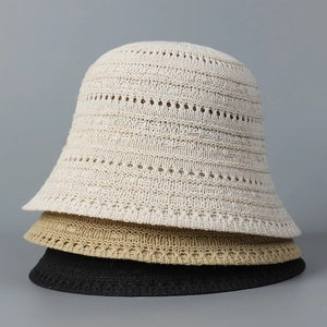 Women Knitted Bucket Hat Hollow Out Breathable Sun Protection Cotton Blend Casual Summer Basin Sunshade Cap