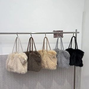 Fuzzy plush tote bags with braided handles shown in 5 colors for autumn winter style