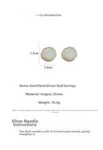 Detail of gold-plated shell earrings with zircon inlays and precise size dimensions