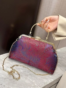 Vintage evening handbag with peacock feather pattern, gold frame and metal handle