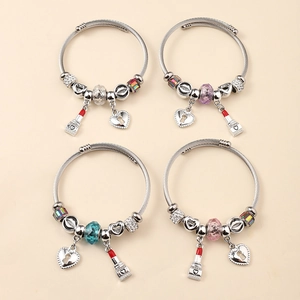 Detailed set of silver steel cable bracelets with lipstick charms and colorful glass beads