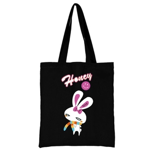 Black canvas tote bag with cute cartoon bunny print and Honey love text illustration