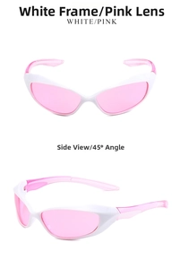Front and 45-degree side views of white Y2K sunglasses with translucent pink lenses