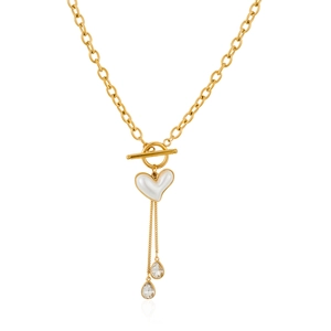 Golden stainless steel chunky chain necklace with heart pendant and crystal drop charms