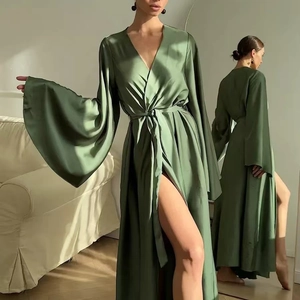 Elegant sage green satin long robe with flared sleeves and high slit in double view