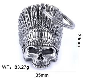 Macro detail of retro stainless steel Indian skull bell pendant with size and weight info