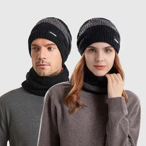 Winter Knitted Hat And Scarf Fleece Lined Warm Beanie Neck Warmer Striped Acrylic Outdoor For Men Women