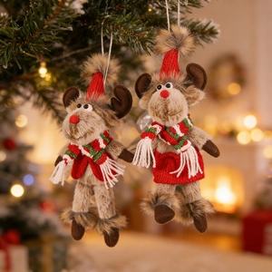 Christmas Reindeer Plush Hanging Ornaments Cute Deer Soft Faux Fur Knitted Hat Striped Scarf Festive Home Tree Decoration