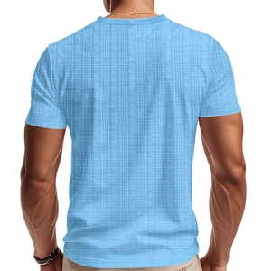 Detail shot of light blue men's T-shirt back showing waffle knit texture and fabric quality