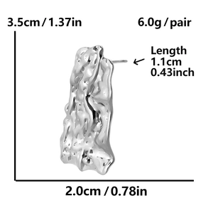 Detailed dimensions of textured 304 stainless steel earrings with irregular molten surface