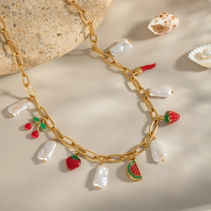 Collier Chaîne Dorée En Acier Inoxydable Avec Künstliche Perles Baroques Et Breloques De Fruits En Émail Pour Femmes Bijoux Plage