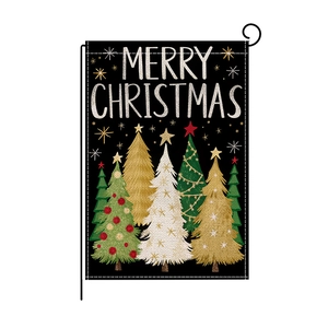 Merry Christmas garden flag featuring festive trees and lettering on black polyester