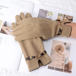 Camel thermal touchscreen gloves with horsebit metal buckle and soft fleece lining