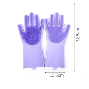 Purple silicone pet grooming glove with dense bristles for cat and dog bathing and massage