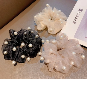 Three-piece set of organza scrunchies with white pearls in black, beige, and dusty pink