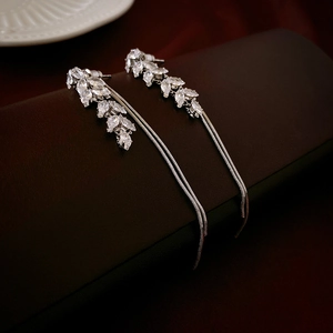 Silver marquise zircon wheat ear earrings with long tassel chain style for women