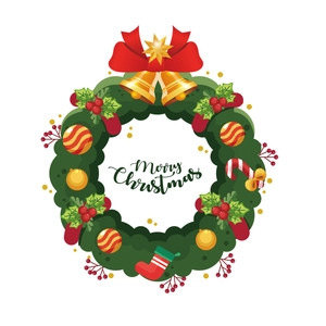 Christmas wreath wall sticker featuring green needles, red bows and Merry Christmas text