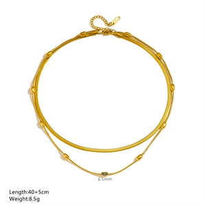 Collier double couche en acier titane doré avec chaîne serpent et pendentif perle de riz