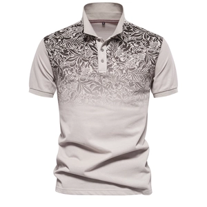 Detail of grey polo shirt with gradient floral line art print and three-button collar