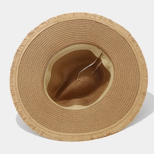 Retro ethnic straw hat with wide frayed brim and adjustable inner sweatband for beach
