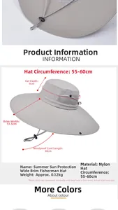 Vista dettagliata del cappello grigio con tesa di 13,5 cm e misure del sottogola regolabile
