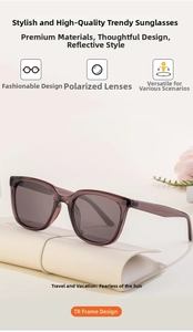 Close-up of square polarized sunglasses with brown TR90 frame and leather storage case